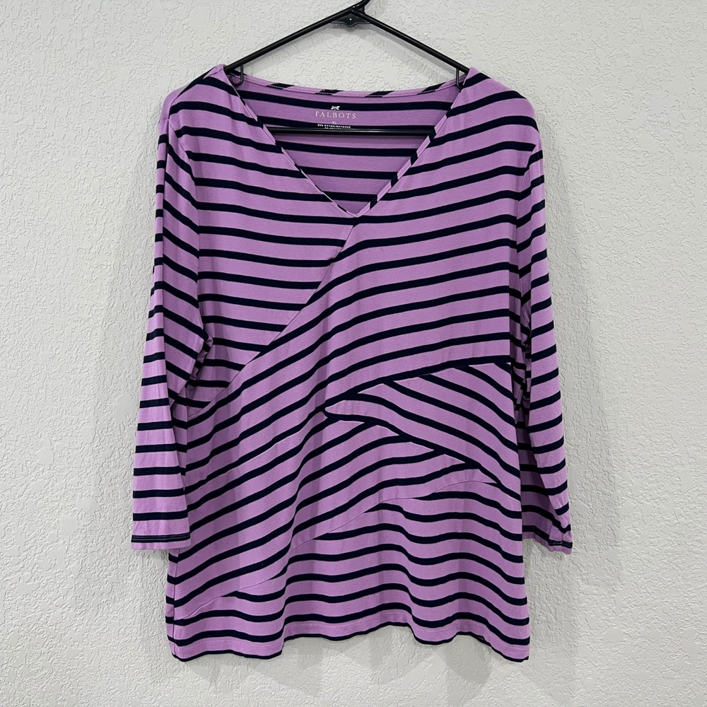Talbots Womens XL Purple Black Striped Asymmetrical Knit Top V Neck 3/4 Sleeve